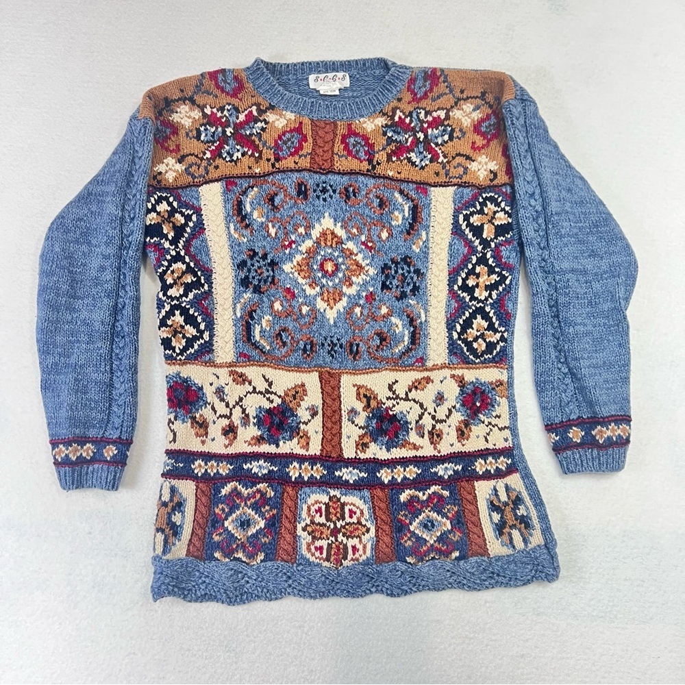 Vintage 90’s Chunky Sweater SGCS by Sacha Flora Geometric Pattern Blue Size M